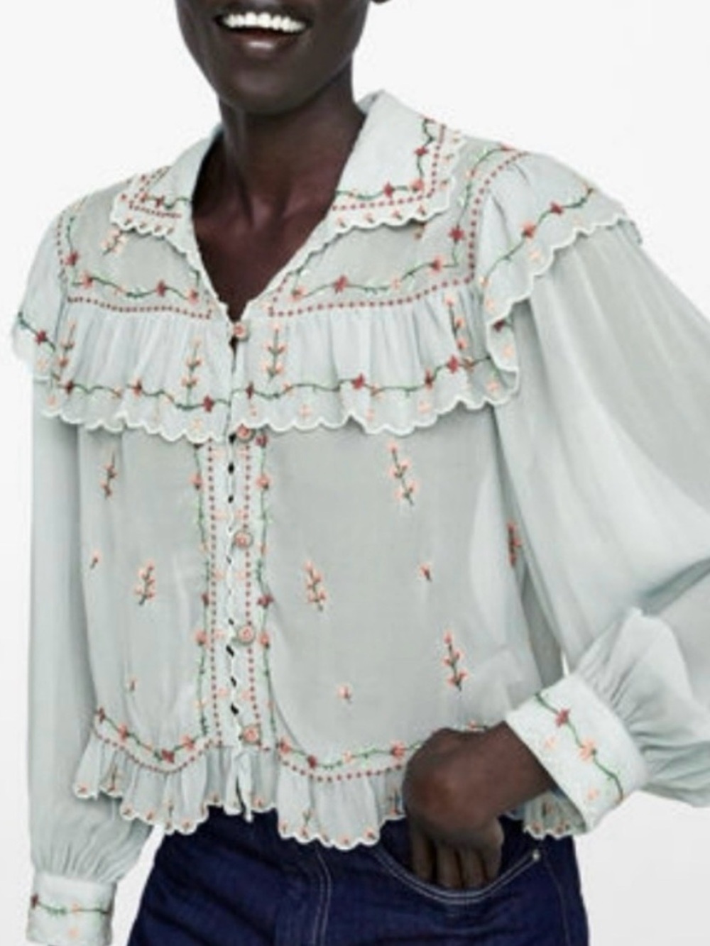 Zara Limited Edition sage Embroidered Floral Flowers button up top cottagecore